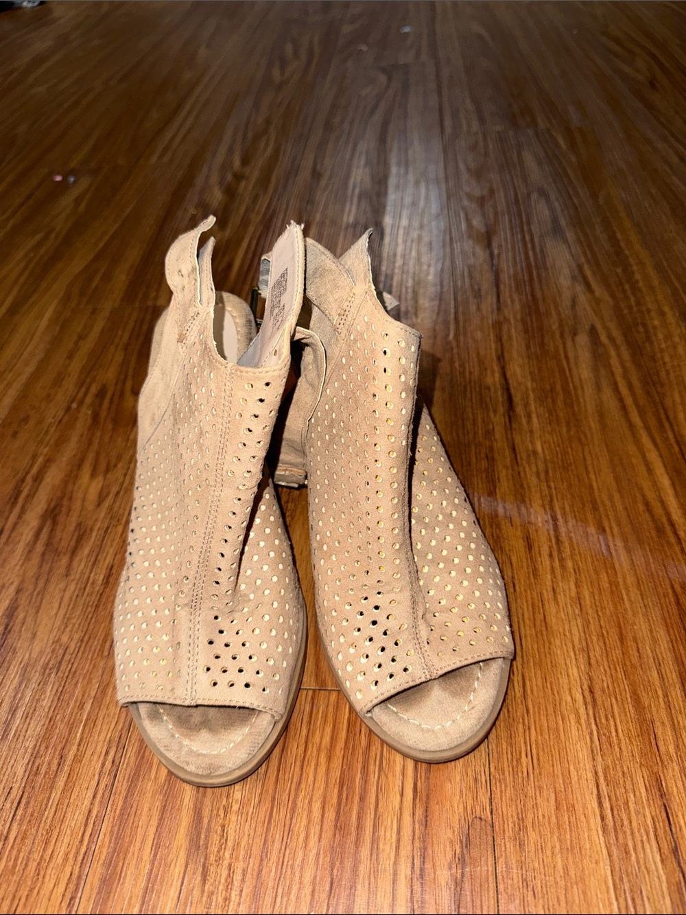 Beige Peep-Toe Perforated Block Heel Booties - Women